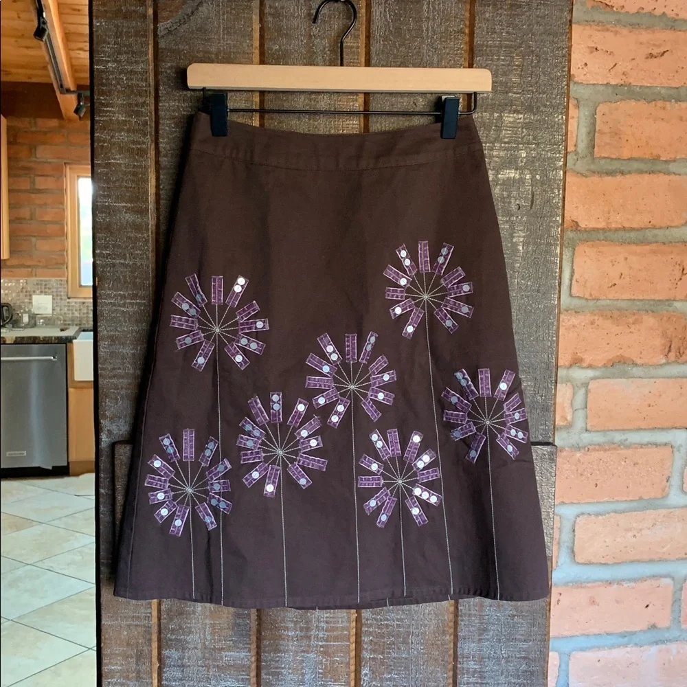 Boden Brown Purple Applique A-Line Cotton Skirt Lined Size 4 Boho Easy Breezy